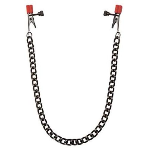 KINK By Doc Johnson Nipple Clips with Heavy Chain and Silicone Tips, Black/Red