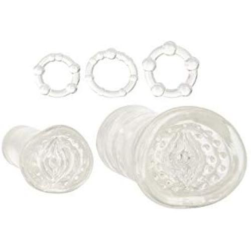 CalExotics His Masturbation Kit - Male Silicone Masturbator Sleeve - Adult Male Cock Ring Sex Toy Set - Clear CalExotics His Masturbation Kit - Male Silicone Masturbator Sleeve - Adult Male Cock Ring Sex Toy Set - Clear
