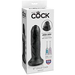 King Cock 6"" Uncut Dildo, Black, Flexible Shaft & Foreskin with Suction Base, USA Made, Pipedream