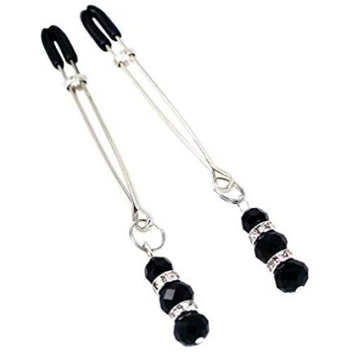 Eastern Delights Elite Nipple Clamps, Silver Color with Black Pendant