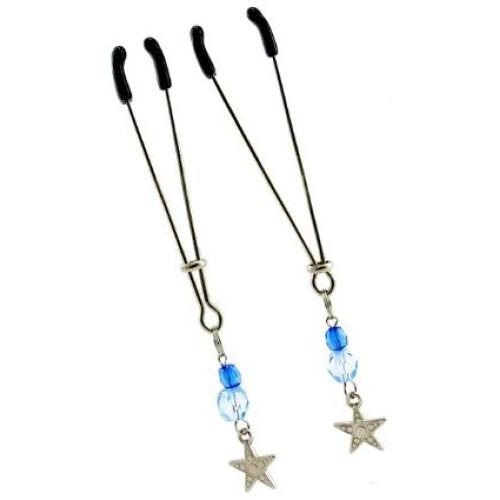 Fresh Tweezer Nipple Clamps with Beads and Star Charms, Blue