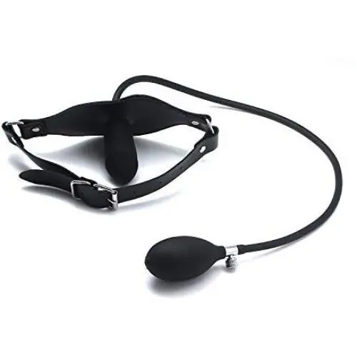 SMspade Leather Mouth Gag Adjustable Inflatable Dildo Gag Silicone Black