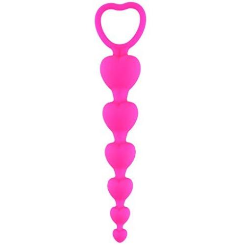 LoveI Anal Sex Toy Beads Butt Plug Valentine Heart Shaped Prostate Massager with Safe Pull Ring Handle Soft Carry Bag Unisex G Spot - Pink