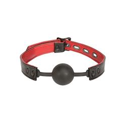 Kink by Doc Johnson - Leather Submissive Accessory - Leather and Silicone Ball Gag - Health-Grade Silicone Ball Gag Fixed to Leather Straps - Lockable Buckle - Black/Red