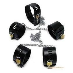 LoveSex Novel Design PU Leather Black Handcuffs Ankle Cuffs Neck Collar with Iron Lock Set Sex SM Tools Kit