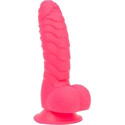 Pure Love 7 Inch Silicone Dildo with Suction Cup, Ribbed Neon Pink Dong, Adult Sex Toy, Fantasy Non-Realistic Dildo