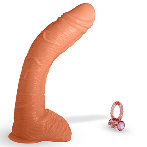 LeLuv Dildo Big Bent 10 Inch Realistic Suction Cup Thick Veiny Curved Vanilla Bundle with Vibrating Cock Ring