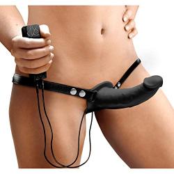 Strap U Power Pegger Black Silicone Vibrating Double Dildo with Harness