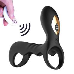 OUYAWEI Time Delay Vibrating Cock Ring with Massager Brush Silicone Sex Toy Black