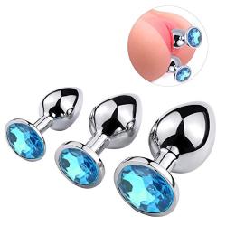 Runyu 3Pcs Anal Plug Stainless Steel Booty Beads Jewelled Anal Butt Plug Sex Toys Products for Men Couples Lightblue