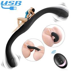 Remote Control Double-Ended Dildos Vibrator Adult Toys for Lesbian Gay Couples, 15.7 Inch Silicone Waterproof Flexible Vibrating Dildo with Curved Shaft for Vaginal G-spot and Anal Play (Blacks Dick)