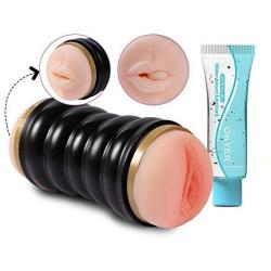 Pocket Pussy Male Masturbator Cup - 3D Realistic Masturbation Adult Sex Toys Vagina and Mouth with Teeth and Tongue Oral Masturabator Sleeve for Intense Stimulation, Black