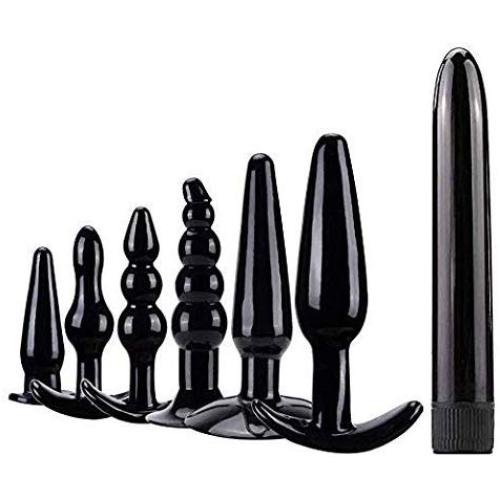 JunRP 7 Pcs/Set Soft Medical Silicone Trainer Kit Anale Pugs Beginner Set for Women and Men - Black