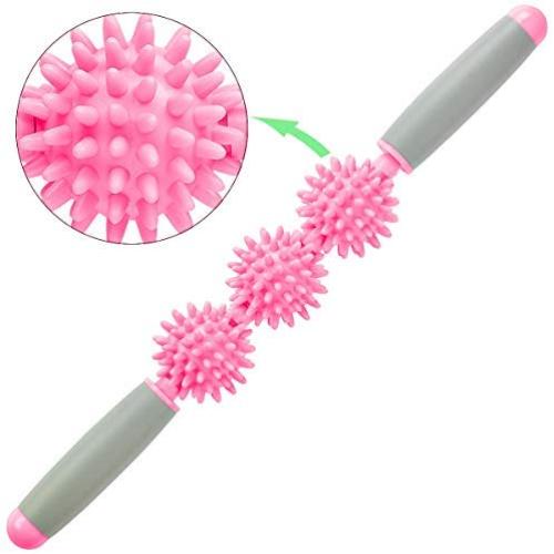 2019 Muscle Roller Stick 3 Ball, Restore Pressure Point Muscle Roller Massage Stick with Soft Spikes for Reducing Body Muscle Soreness (Pink)