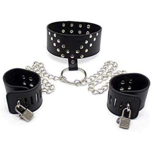 kanersty Black PU Leather Handcuffs with Lock Neck Strap Adjustable Tied Bondage Set
