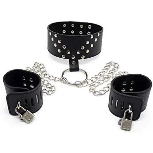 kanersty Black PU Leather Handcuffs with Lock Neck Strap Adjustable Tied Bondage Set kanersty Black PU Leather Handcuffs with Lock Neck Strap Adjustable Tied Bondage Set