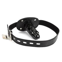 Yove Lockable Realistic Dildo Penis Mouth Gag with Lock Adjustable Bondage Leather Strap On BDSM Adult Sex Toy Black