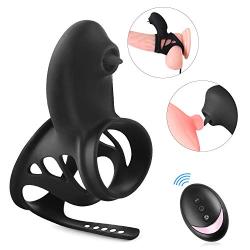 Vibrating Cock Ring Vibrator with Mini Tongue Vibrator Sex Toys for Male or Couples, Wireless Control 10-Speed Silicone Penis Ring Enhancer C Ring Vibrator Male Masturbator for Longer Harder Erections