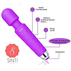 Personal Mini Wand Massager by SINTI | Therapeutic | USB Rechargeable | Waterproof | Compact and Powerful with 20 Vibration Patterns and 8 Different speeds | Travel Bag Included (Purple)