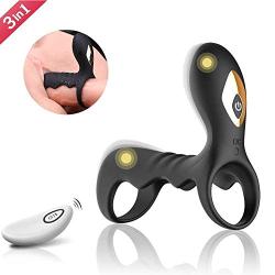 OUYAWEI Time Delay Vibrating Cock Ring with Massager Brush Silicone Sex Toy Black