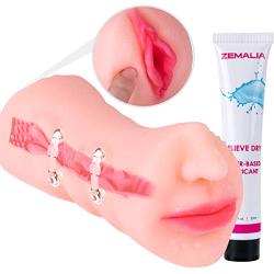 ZEMALIA Cyberskin Male Masturbators Pocket Pussy 3D Textured Vagina and Mouth Double Ends for Oral Blow Job Masurbation, Sex Toys for Men with 35ml Water Based Lubricant