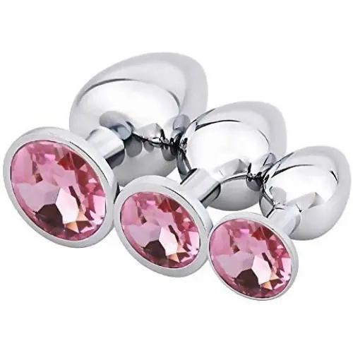 Akstore 3 Pcs Luxury Jewelry Design Fetish Stainless Steel Anal Butt Plug Fantasy Sex Restraints Bondage SM Large+Medium+Small Anal Stimulation Toy for Unisex Masturbation with Penis Condom(Pink)