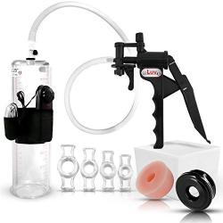 LeLuv Tyro Black Lightweight Penis Pump Bundle with Soft Silicone Donut Seal, Soft Black TPR Seal and 4 Sizes of Constriction Ring Vibrating 9 x 2.25 inch Cylinder Diameter