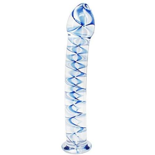 Eastern Delights Elite 6.8 Inch Bent Pleasure Wand Glass Dildo, Clear with Blue Vein