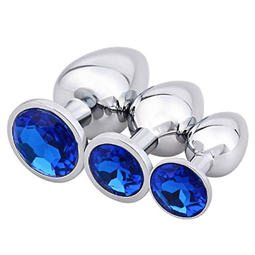 Akstore 3 Piece Luxury Jewelry Design Fetish Stainless Steel Anal Butt Plug with Penis Condom, Blue, 10.4 Ounce