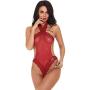 Women Intimates,Sexy Lingerie Lace Teddy Features Plunging Eyelash and Snaps Crotch Rishine (Red, XL)