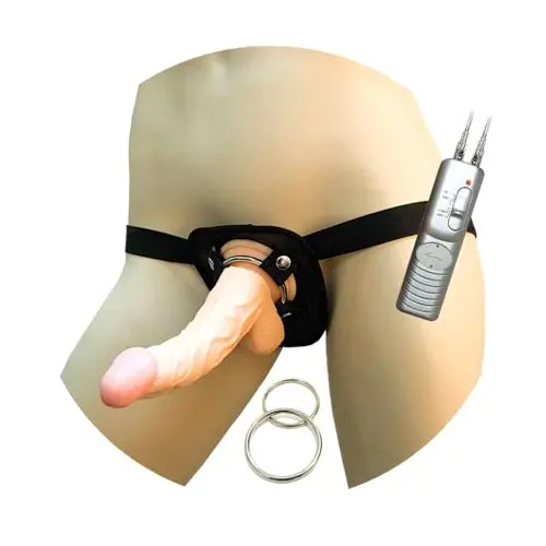 Real Skin All American Real Skin Whoppers Vibrating Dong with Universal Harness 8 inch Flesh Dildo