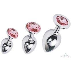 Metal Butt Plug Set with Pink Jewel End Small + Medium + Large Buttplug set. Anal plug set.