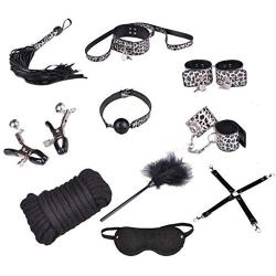 kanersty 10Pcs Faux Leather Leopard Police Handcuffs Bondage Kit Bundled Binding Sex Set