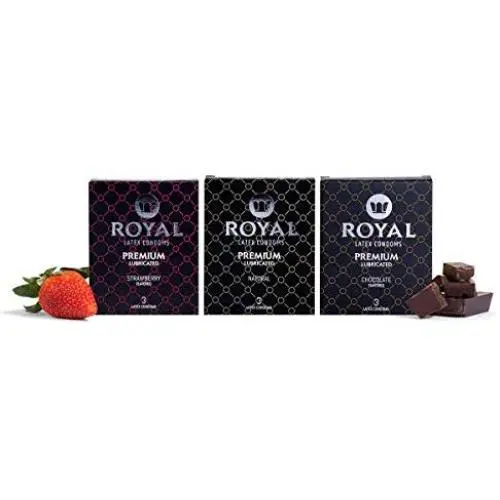 Royal Condoms Variety Pack - Natural, Strawberry, Chocolate, Ultra Thin, Organic, Gluten Free, Cruelty Free, Vegan, Nitrosamine Free, Non-Toxic, Latex Covered in Odor Free Water Based Lube, 9 Count Royal Condoms Variety Pack - Natural, Strawberry, Chocolate, Ultra Thin, Organic, Gluten Free, Cruelty Free, Vegan, Nitrosamine Free, Non-Toxic, Latex Covered in Odor Free Water Based Lube, 9 Count