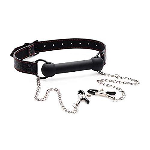 Strict Silicone Bit Gag with Nipple Clamps
