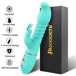 Thrusting Rabbit Vibrator with 3 Powerful Thrusting Actions 7 Vibration Modes for G Spot Clitoris Stimulation, PALOQUETH Waterproof Dildo Bunny Vibrator Personal Sex Toy for Women, Rechargeable Blue