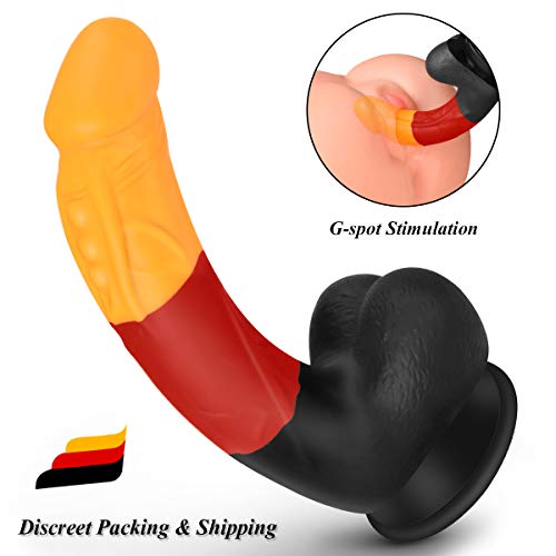 G-spot Realistic Dildo, 8 Inch Silicone Multicolor Striped Penis with Strong Suction Cup for Hands-Free Play Lifelike Cock with Curved Shaft and Balls for Vaginal and Anal Play (Gold, Red, Black)