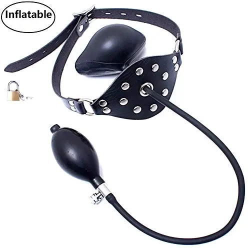 Inflatable Mouth Gag Bound Masks - Davidsource Studded Faux Leather Panel Gag Open Mouth Plug Head Harness Restraints Kit (Padlock 1 Piece)