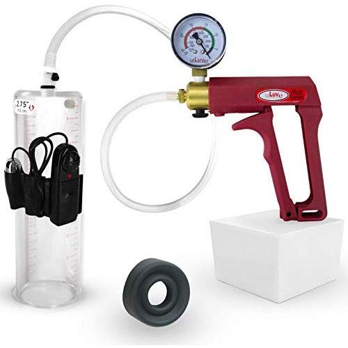LeLuv Maxi Red Vibrating Penis Pump for Men + Gauge & Cover Enlargement Aid - 9 inch x 2.75 inch Cylinder and Black Silicone Sleeve