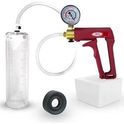LeLuv Maxi Red Penis Pump for Men + Gauge & Cover Enlargement Aid - 9 inch x 2.50 inch Cylinder and Black Silicone Sleeve