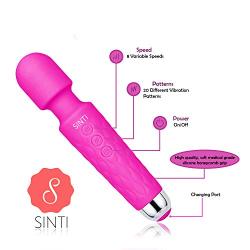 Personal Mini Wand Massager by SINTI | Therapeutic | USB Rechargeable | Waterproof | Compact and Powerful with 20 Vibration Patterns and 8 Different speeds | Travel Bag Included (Pink)
