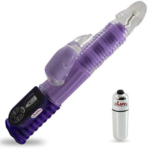 LeLuv Rabbit Vibrator Wave Action Motion Shaft Clitoral Massager Showerproof Multispeed Purple Bundle with Mini Bullet