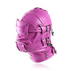 Raycity Full Face Blindfold Mask Head Hood Lockable & Dildo Penis Mouth Gag Costume Bondage Adult Sex Toys BDSM Fetish Hood Hot Pink