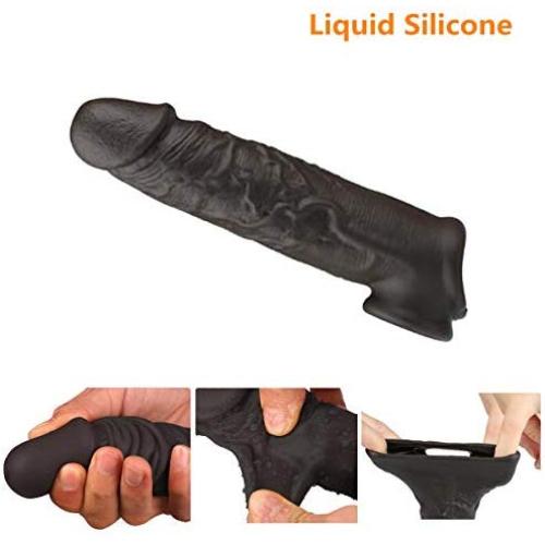 Black Silicone Penis Sleeve Extender Enlargement Male Chastity Sex Toys Extension Cock Sleeves Dick Sock Reusable Condoms for Men Reusable Condom Penis Sleeve Extender