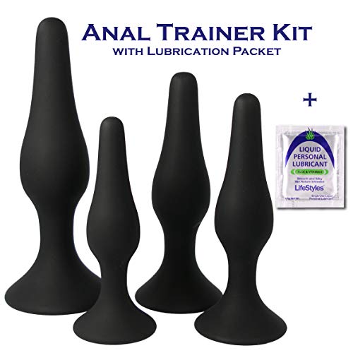 Anal Trainer Kit from Real Vibes - 4 Butt Plugs - Beginner Starter Set - Personal Lubricant - 100% Medical Grade Silicone - Hypoallergenic (Kit with 4.5g Lube)