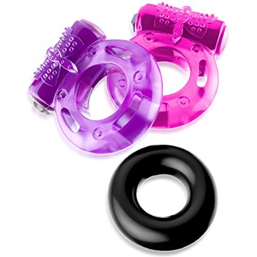 Cock Ring Set – 2 Vibrating Cock Rings w. Clit Stimulator & 1 Standard Penis Ring – Erection Enhancing Sex Toy for Men and Couples