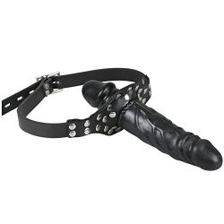 FST Double-Cock Lockable Realistic Penis Gag, Mouth Gag with Adjustable Leather Strap, SM Dildo Gag(Long & Short)