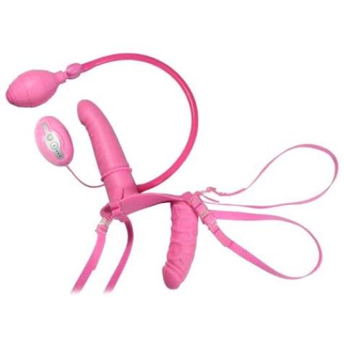 Inflatable Double Dipper Strap On Vibrator Dildo, Pink