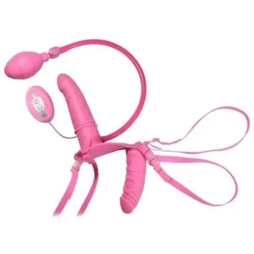 Inflatable Double Dipper Strap On Vibrator Dildo, Pink Inflatable Double Dipper Strap On Vibrator Dildo, Pink
