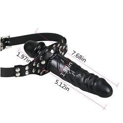 FST Double-Cock Lockable Realistic Penis Gag, Mouth Gag with Adjustable Leather Strap, SM Dildo Gag(Long & Short)